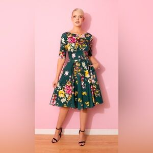 UK The Pretty Dress Co Hepburn Seville Swing Dress Forest Green Floral 6